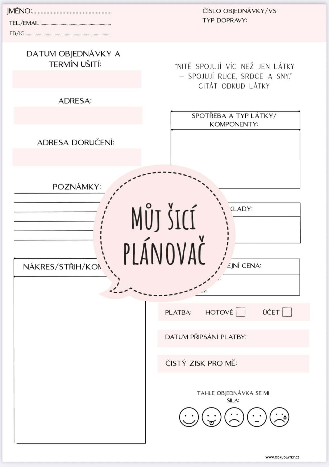 Šicí plánovač / zakázkový / objednávkový list pro švadlenky (PDF)